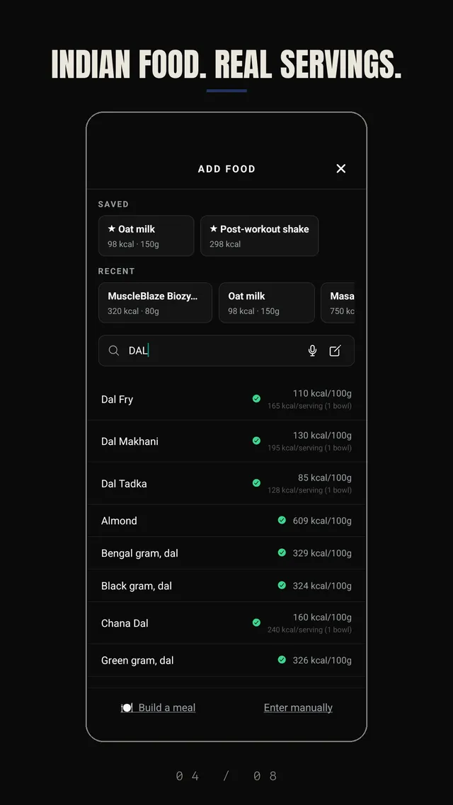 TRHD app — Indian branded food database with real serving sizes