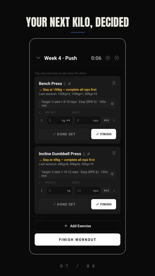 TRHD app — Coached logging — your next weight decided for you
